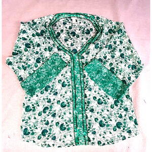 Chicos 3/4 Sleeve Popover Blouse Women Green plants Floral vines Size 1 Med 8